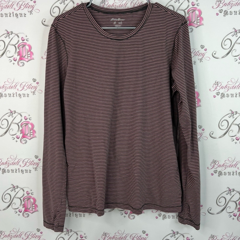 Eddie Bauer long sleeve striped pink grey Burgundy Striped Long Sleeve Tee